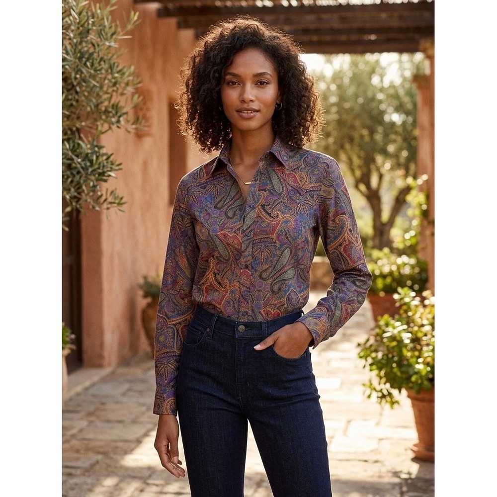 Lauren Ralph Lauren Womens Large Paisley Button Down Shirt Cotton Long Sleeve L